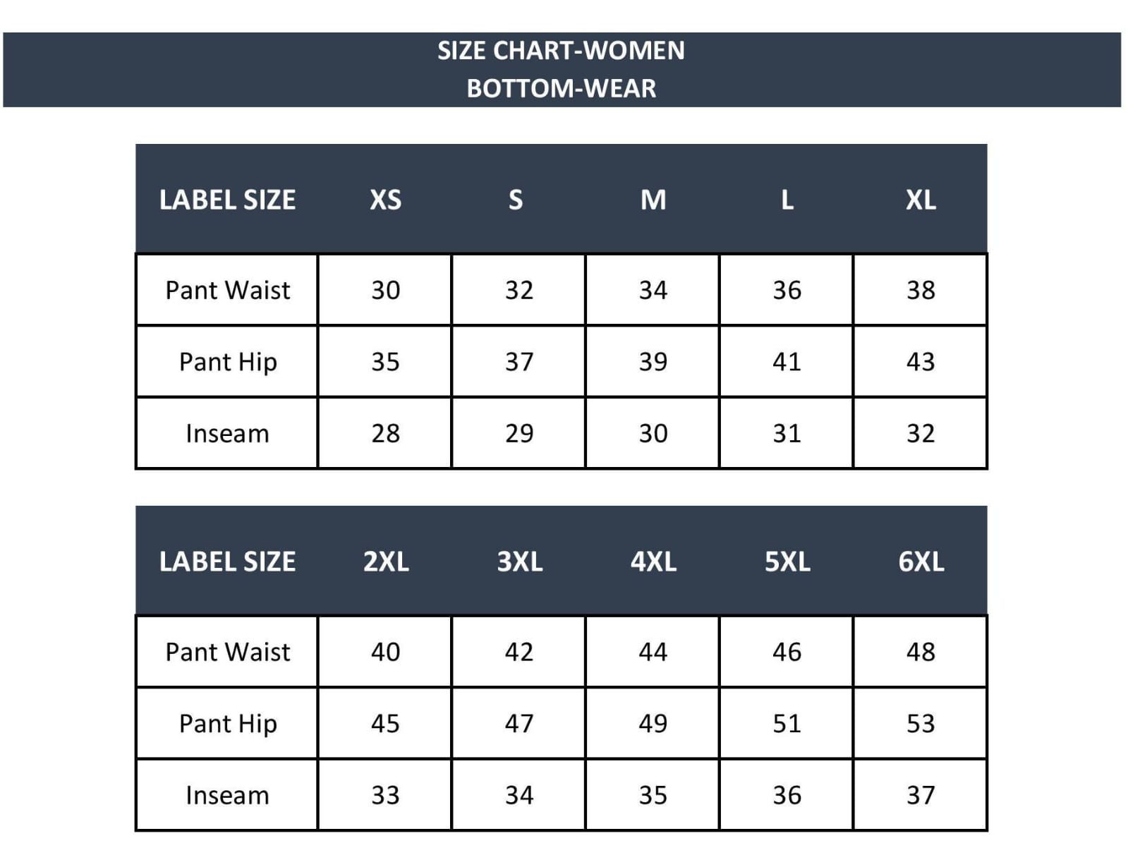 bottom size chart