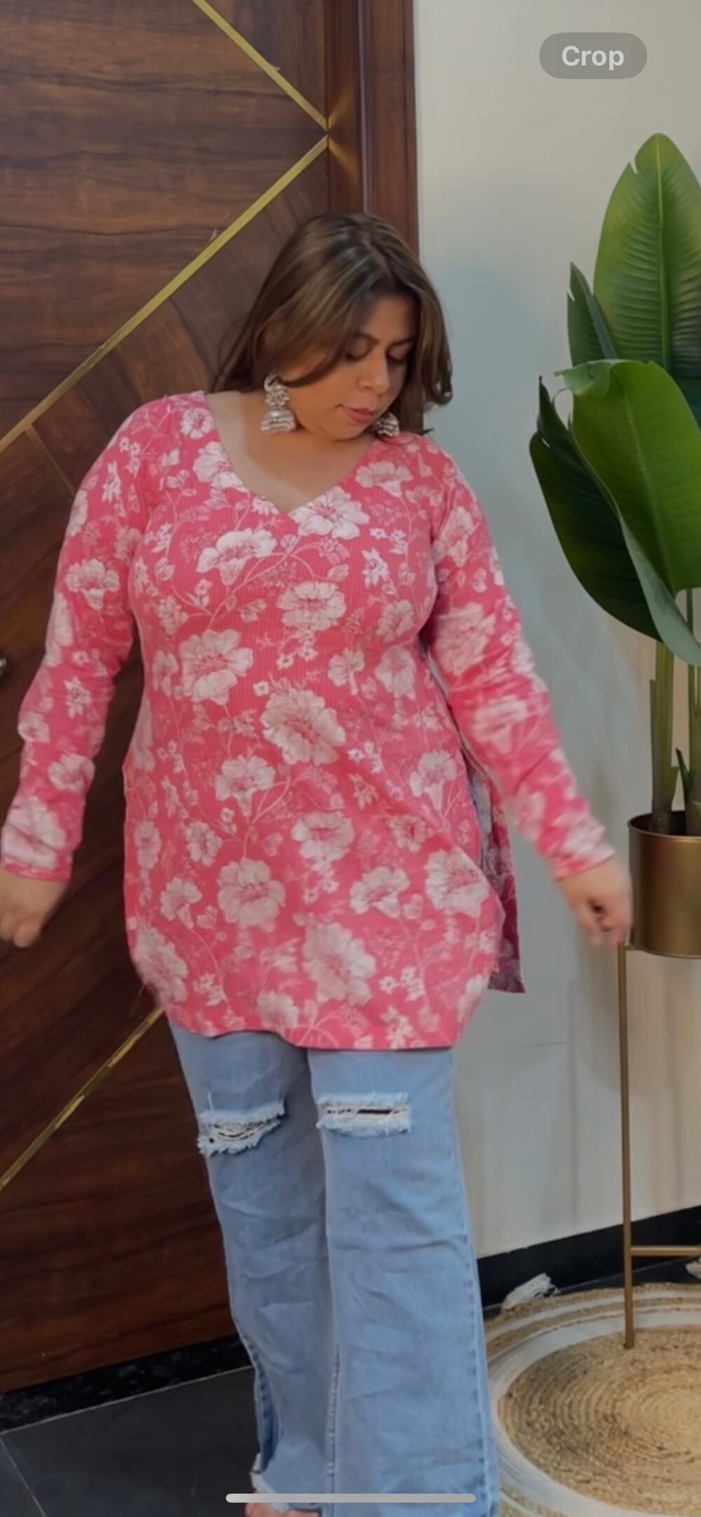 Floral V Neck kurti (pink) - Image 2